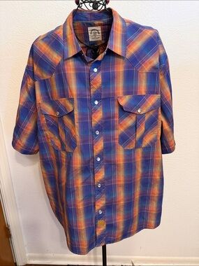 🤖🤖🤖BOGOHO🤖🤖🤖Men's Short-Sleeve Plaid Button-Up Shirt - Blue & Orange-3XL